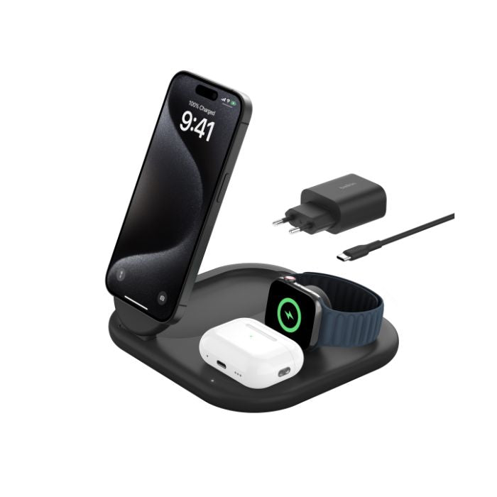 Belkin Boost Charge 3-in-1 Magnetic Charging Stand, Qi2 Fast Wireless Charging,15Watts - WIZ029vfBK