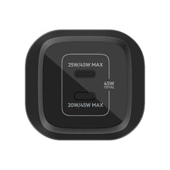 Belkin Boost Charge Pro Dual, USB-C PD GaN Fast Charger, 45Watts, Black - WCH011vfBK