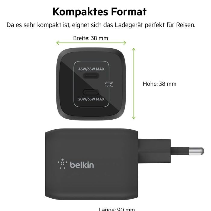 Belkin Boost Charge Pro Dual, USB-C PD GaN Fast Charger, 65Watts, Black - WCH013vfBK
