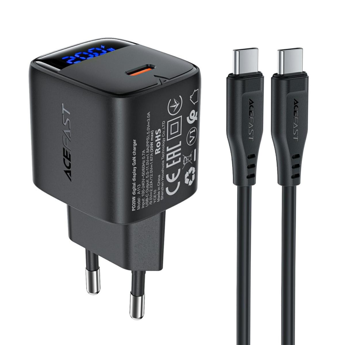 ACEFAST A113 Fast Charge Wall Charger 20W GaN LED Digital Display Multiple Safety Proteion 1x USB - C - EU Interface
