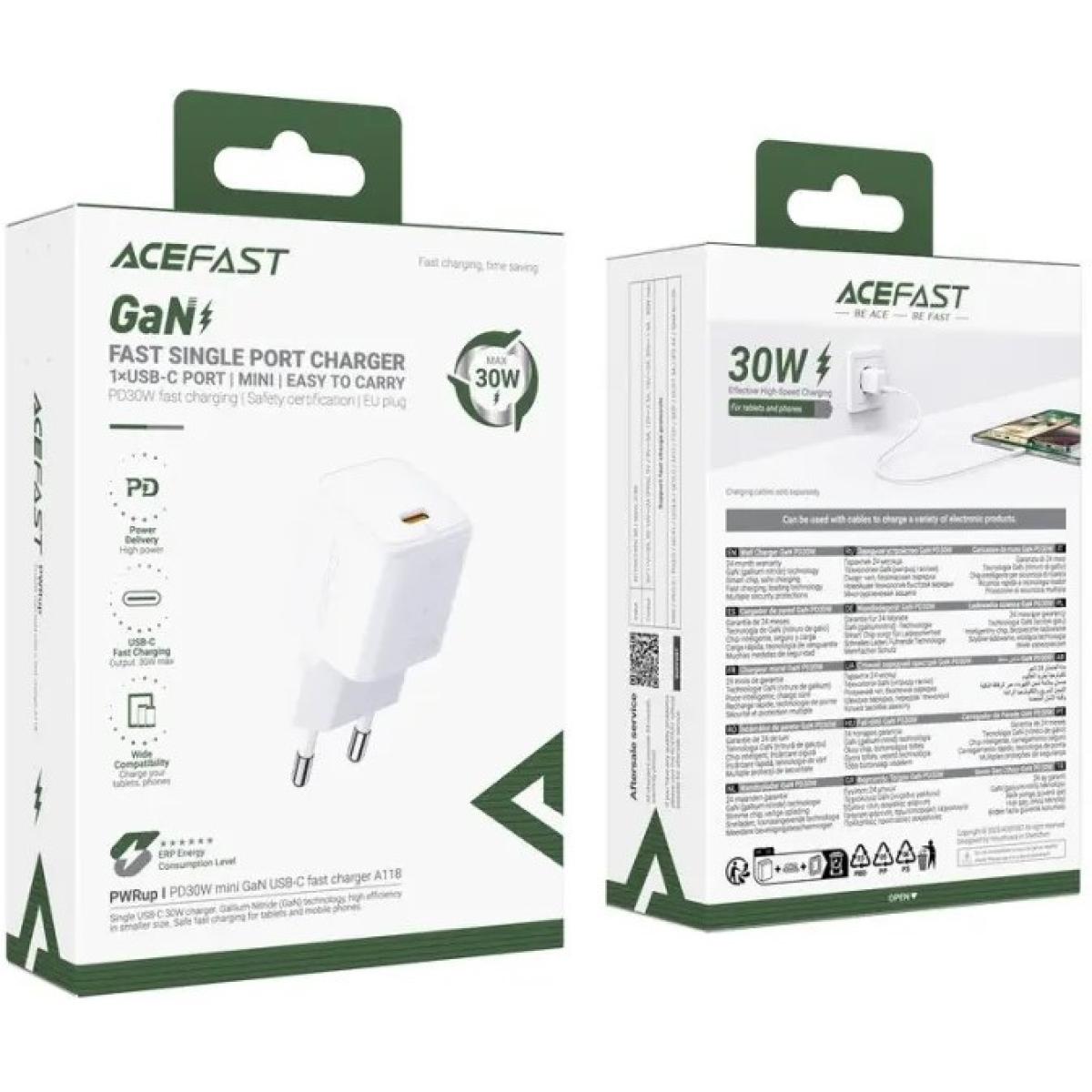 ACEFAST A118 PD 30W USB - C Fast Charger Mini GaN Power Adapter Charging Block - EU Plug - White