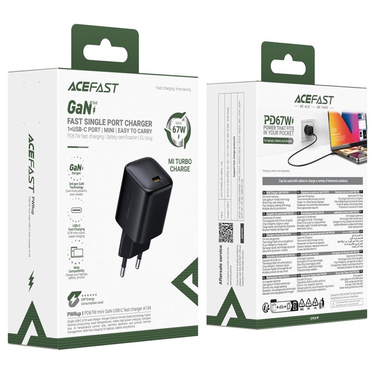 ACEFAST A134 PD 67W Mini GaN USB-C Fast Charger Portable Power Adapter for Phones / Tablets / Laptops, EU Plug - Black