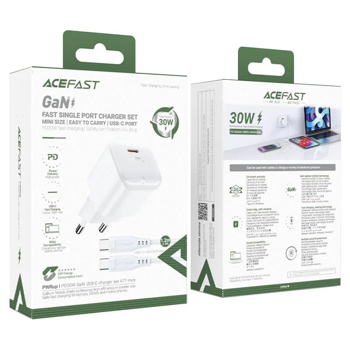 ACEFAST A77 Mini PD 30W GaN Wall Charger Type - C Port Phone Fast Charging Adapter, EU Plug + USB - C Cable - White