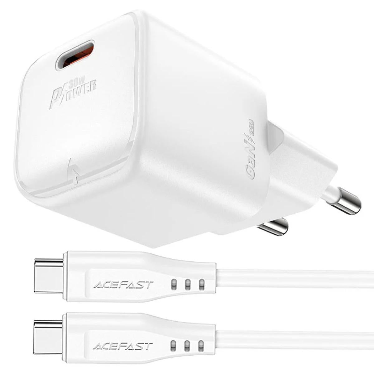ACEFAST A77 Mini PD 30W GaN Wall Charger Type - C Port Phone Fast Charging Adapter, EU Plug + USB - C Cable - White