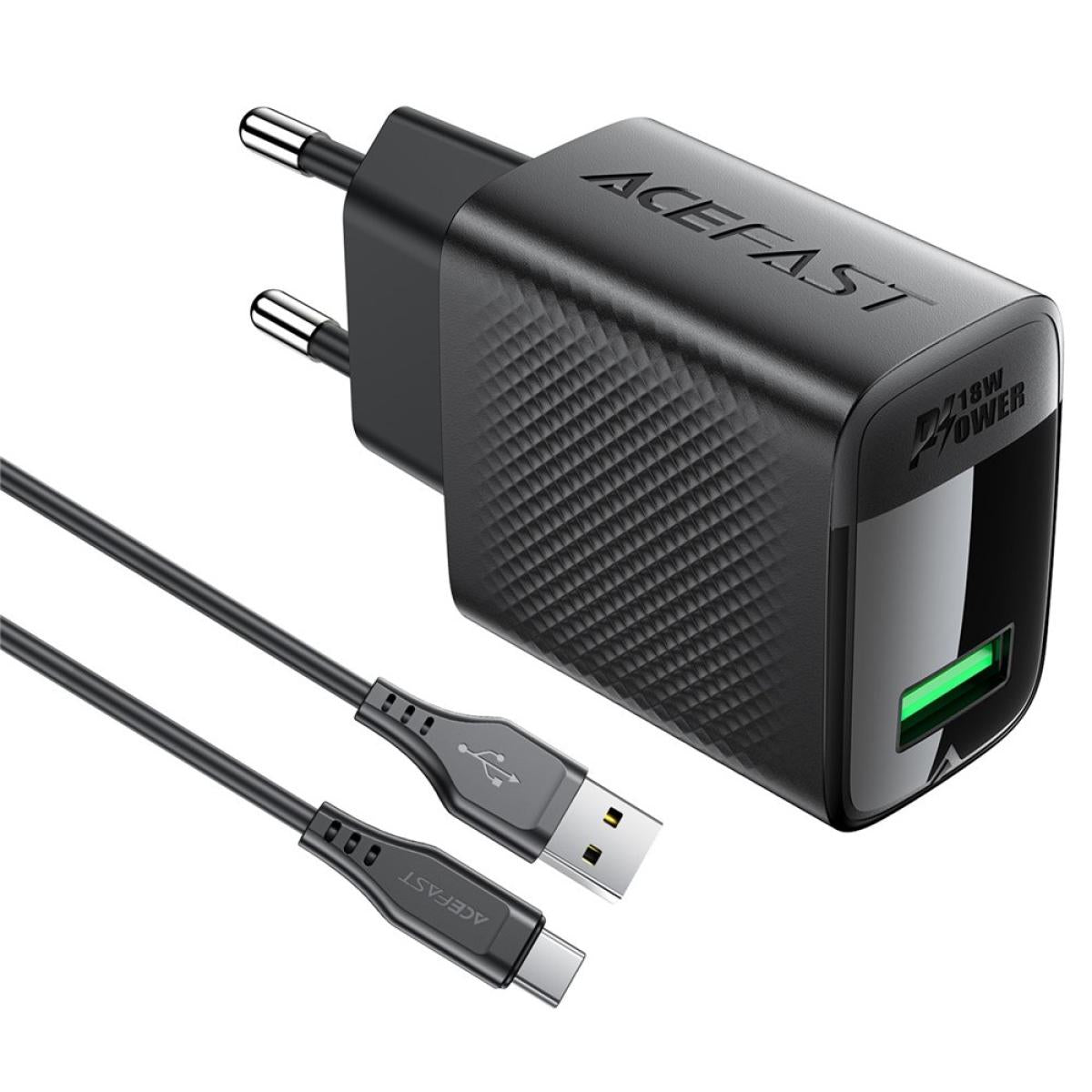 Acefast A90 Gan Wall Charger Qc 18w Single Usb A Power Adapter With Type C Cable Eu Plug Black