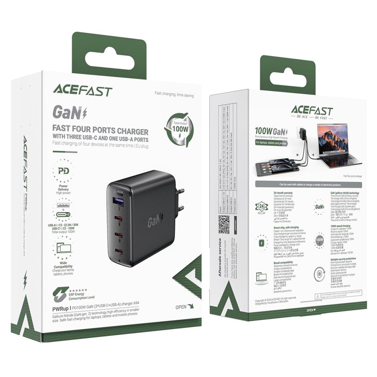 ACEFAST A94 PD 100W GaN Phone Charger 3 Type-C + USB-A Four Ports Power Adapter, EU Plug - Black ACEFAST A94 PD 100W GaN Phone Charger 3 Type-C + USB-A Four Ports Power Adapter, EU Plug - Black