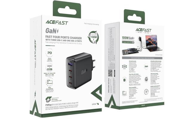 ACEFAST A94 PD 100W GaN Phone Charger 3 Type-C + USB-A Four Ports Power Adapter, EU Plug - Black ACEFAST A94 PD 100W GaN Phone Charger 3 Type-C + USB-A Four Ports Power Adapter, EU Plug - Black