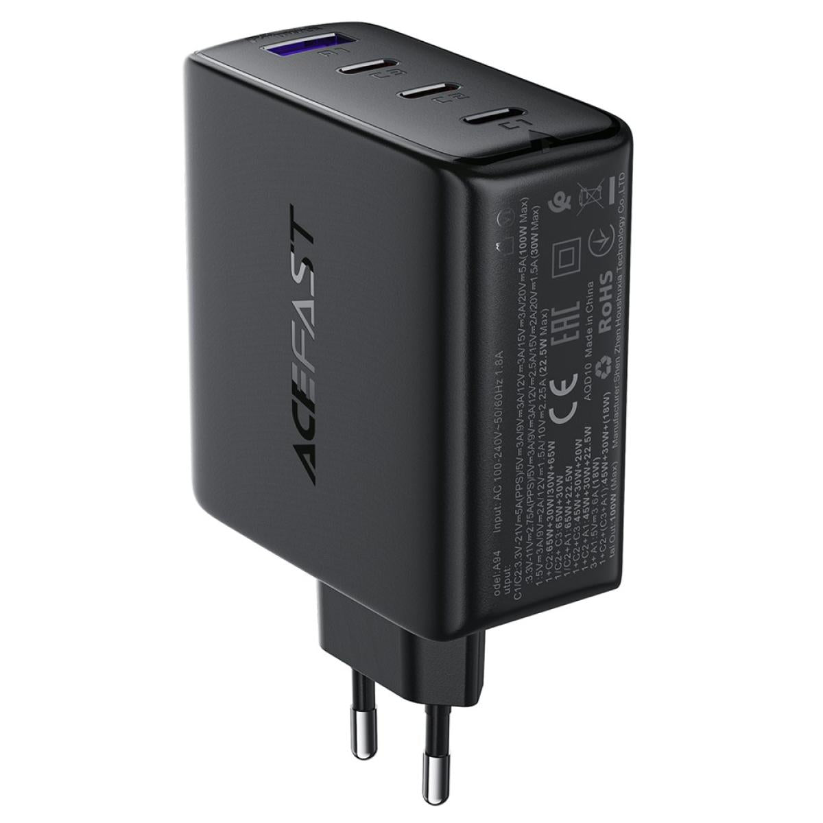 ACEFAST A94 PD 100W GaN Phone Charger 3 Type-C + USB-A Four Ports Power Adapter, EU Plug - Black ACEFAST A94 PD 100W GaN Phone Charger 3 Type-C + USB-A Four Ports Power Adapter, EU Plug - Black