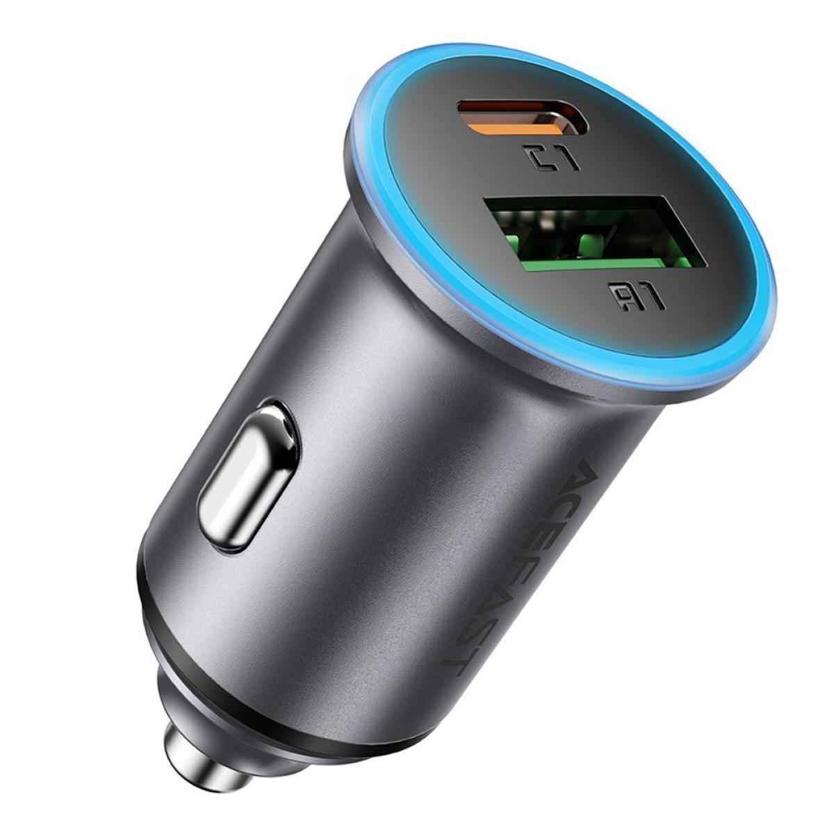 Acefast B15 65w Metal Car Charger Dual Port Usb A + Usb C Fast Charging Car Power Adapter Cigarette Lighter Black