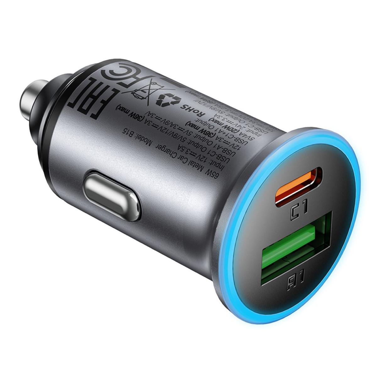 Acefast B15 65w Metal Car Charger Dual Port USB A + USB - C Fast Charging Car Power Adapter Cigarette Lighter Black