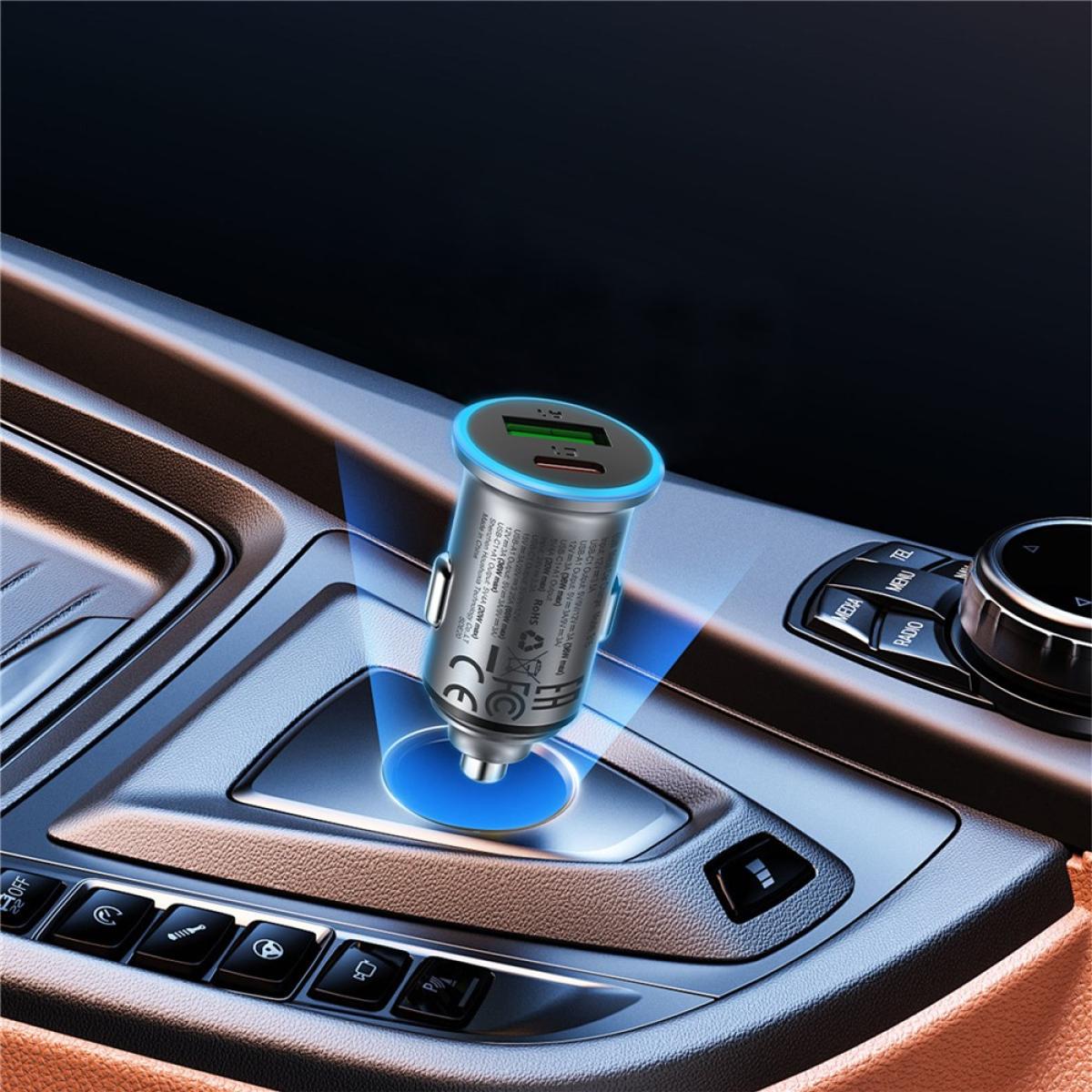 Acefast B15 65w Metal Car Charger Dual Port USB A + USB - C Fast Charging Car Power Adapter Cigarette Lighter Black