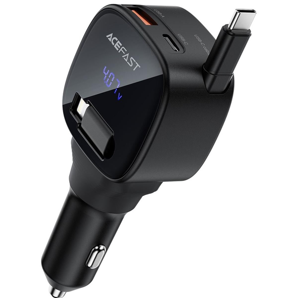 Acefast B17 95w Car Charger Usb C + Usb A Led Display Fast Charging Adapater With Retraable Cable Black