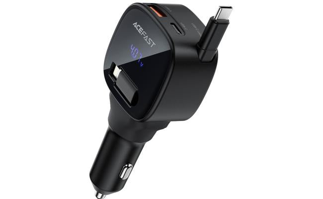 ACEFAST B17 95W Car Charger USB - C + USB - A LED Display Fast Charging Adapater with Retractable Cable - Black