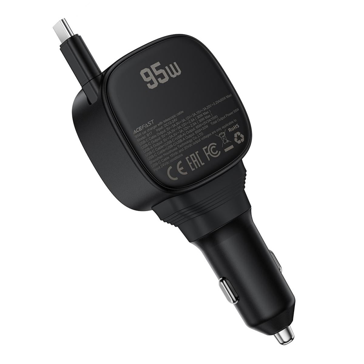 ACEFAST B17 95W Car Charger USB - C + USB - A LED Display Fast Charging Adapater with Retractable Cable - Black