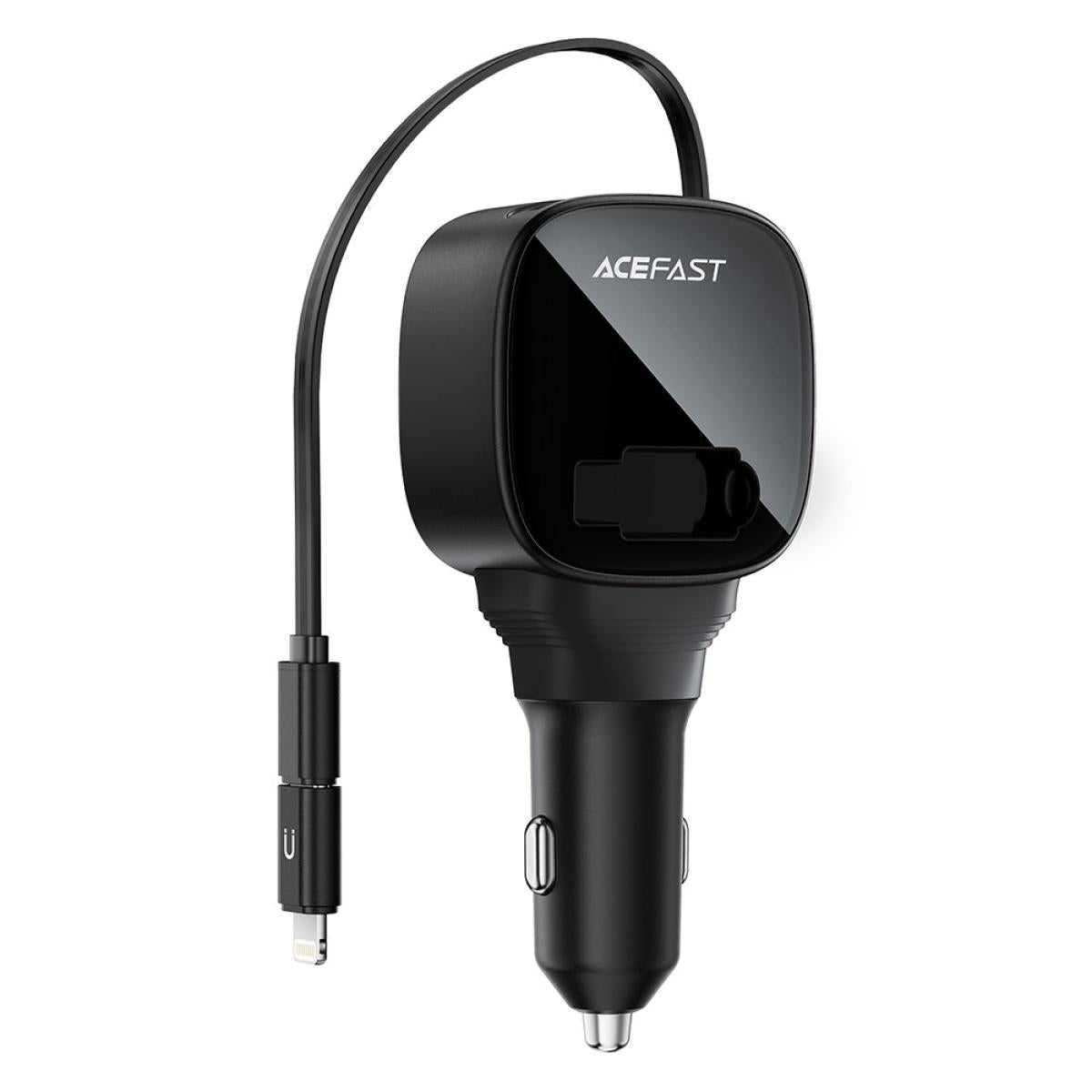 ACEFAST B17 95W Car Charger USB - C + USB - A LED Display Fast Charging Adapater with Retractable Cable - Black