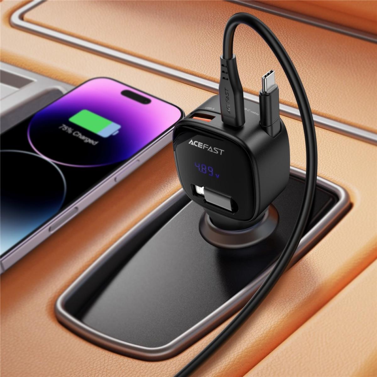 ACEFAST B17 95W Car Charger USB - C + USB - A LED Display Fast Charging Adapater with Retractable Cable - Black