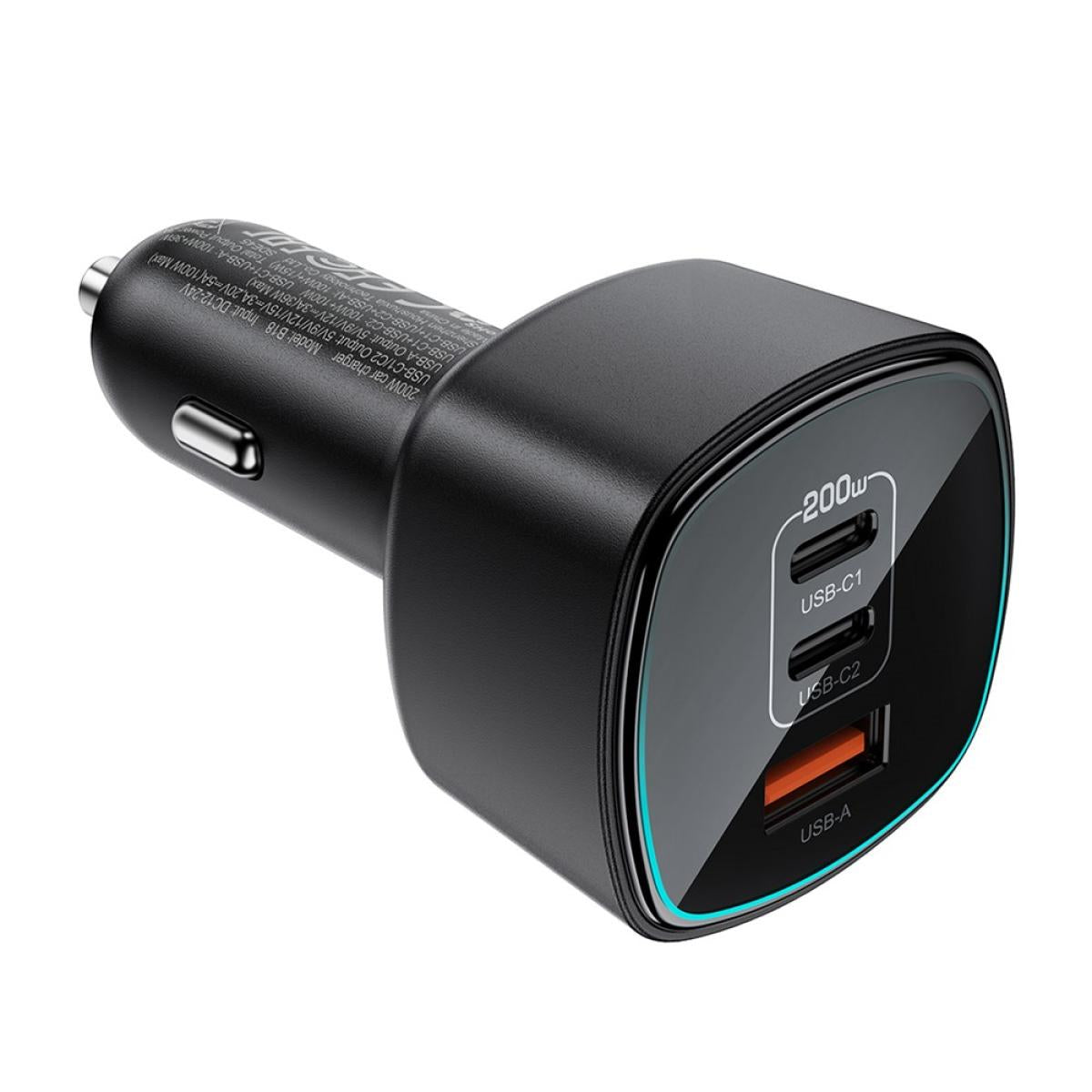 Acefast B18 Car Charger 200w Dual USB - C + USB A Fast Charging Cigarette Lighter Adapter Black