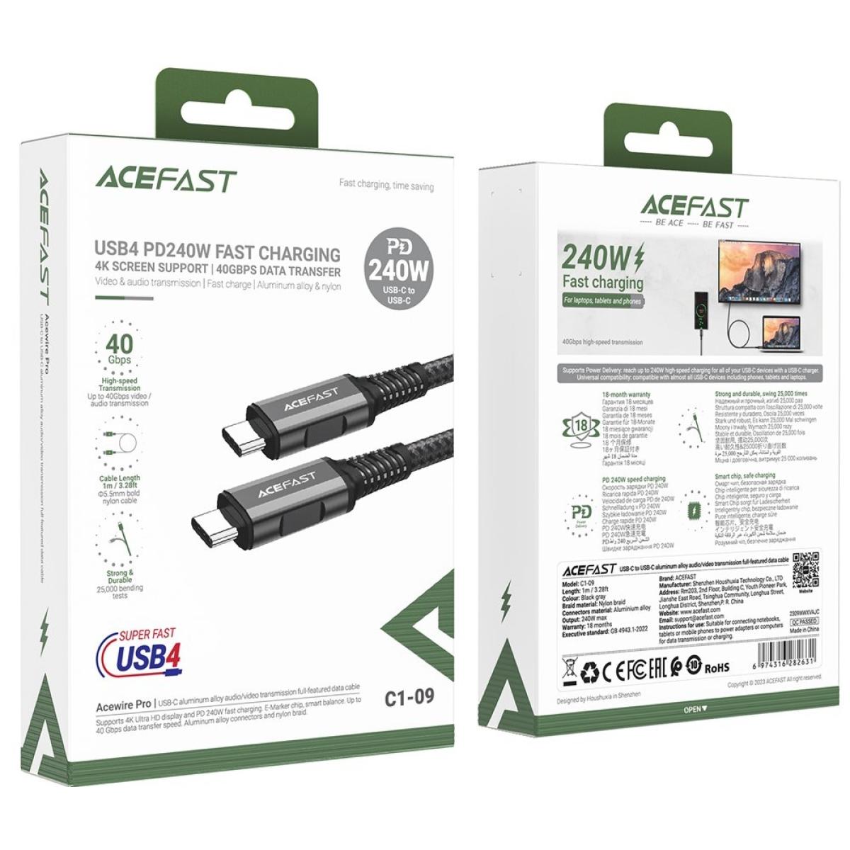 ACEFAST C1-09 1m PD 240W USB C to USB C Cable 40Gbps Data Transfer Cord with Audio / Video Support