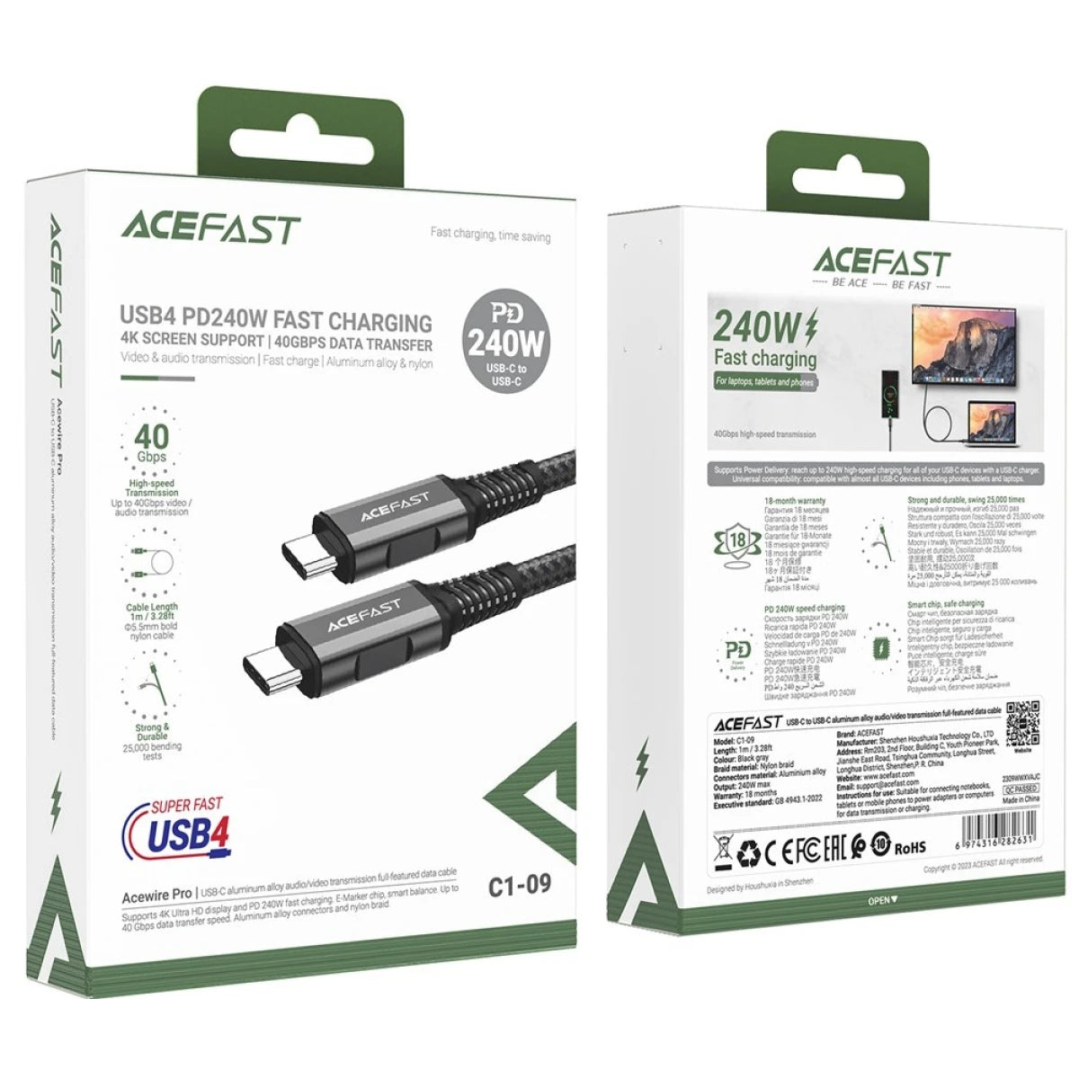 ACEFAST C1-09 1m PD 240W USB C to USB C Cable 40Gbps Data Transfer Cord with Audio / Video Support