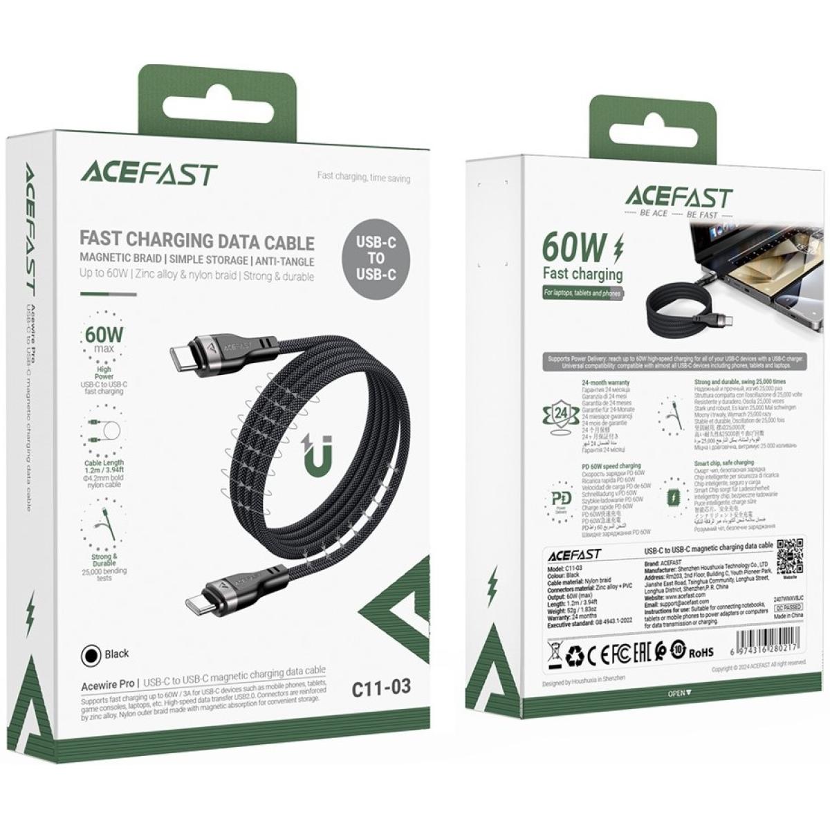 ACEFAST C11-03 1.2m USB-C to USB-C 60W Fast Charging Cable Magnetic Braided Data Cord - Black