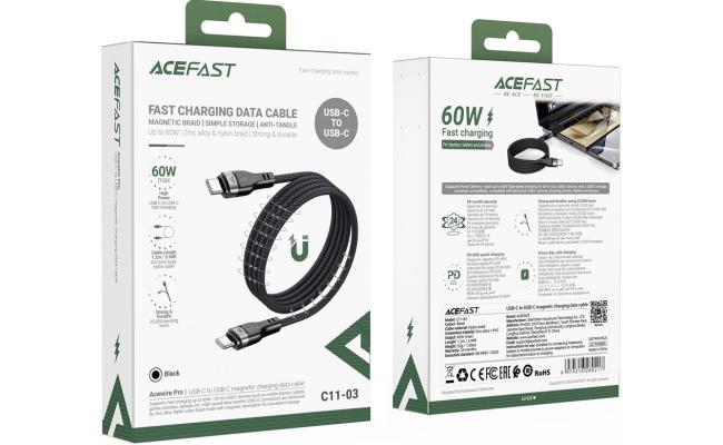 ACEFAST C11 - 03 1.2 meter USB - C to USB - C 60W Fast Charging Cable Magnetic Braided Data Cord - Black