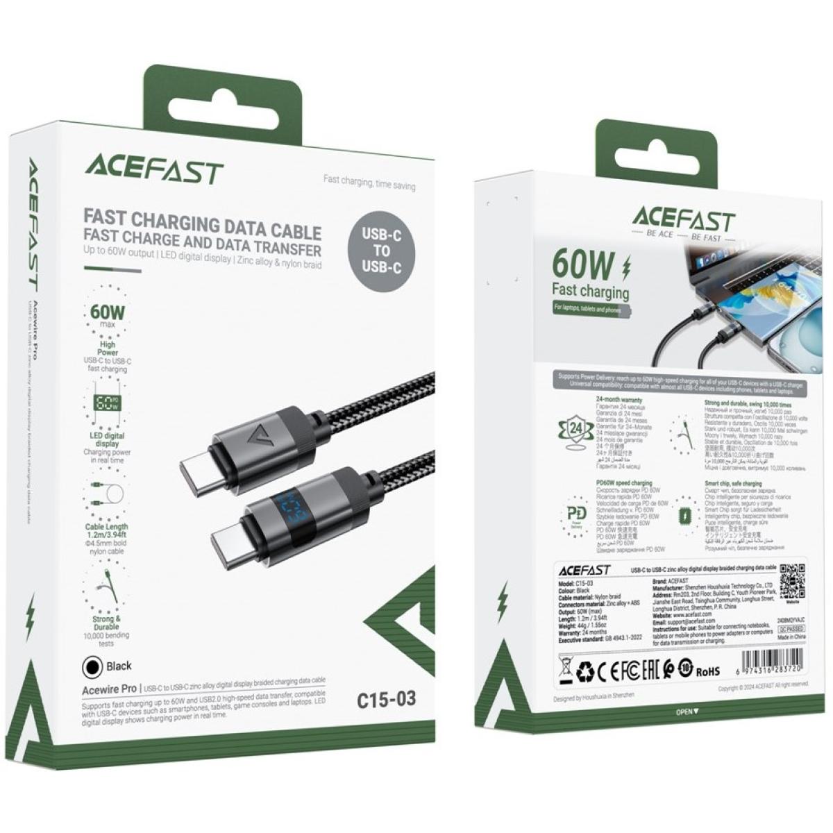 ACEFAST C15-03 1.2m USB-C to USB-C Charging Cable LED Power Display Braided Data Cord - Black