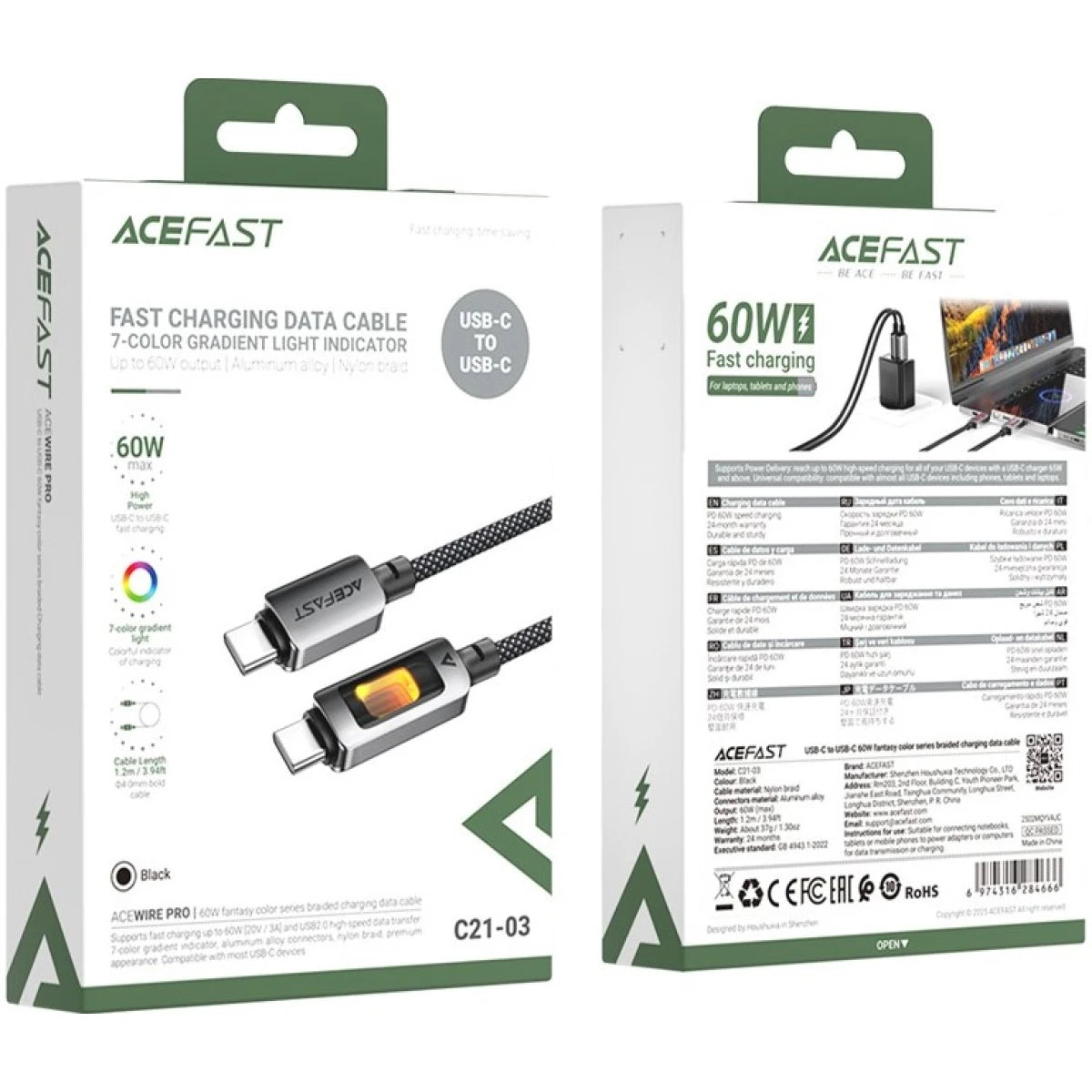 ACEFAST C21-03 1.2m USB C to USB C Cable 60W Charging Data Transfer Braided Cord with Colorful Light - Black