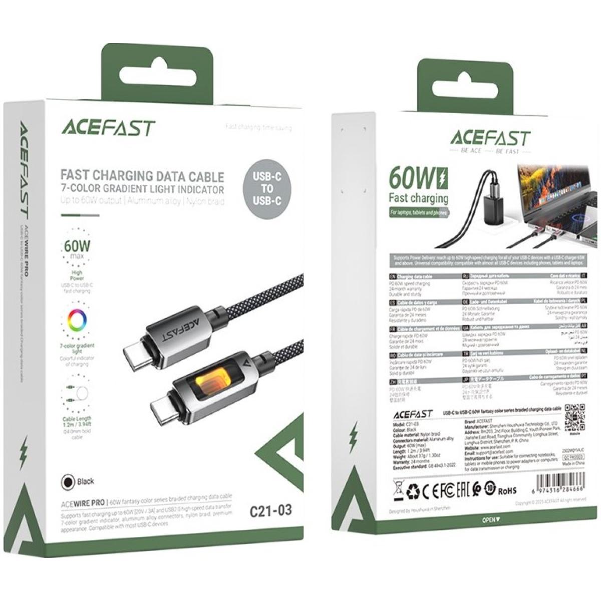 ACEFAST C21-03 1.2m USB C to USB C Cable 60W Charging Data Transfer Braided Cord with Colorful Light - Black