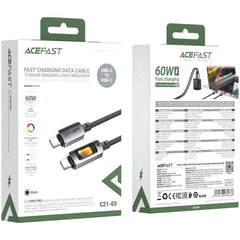 ACEFAST C21-03 1.2m USB C to USB C Cable 60W Charging Data Transfer Braided Cord with Colorful Light - Black