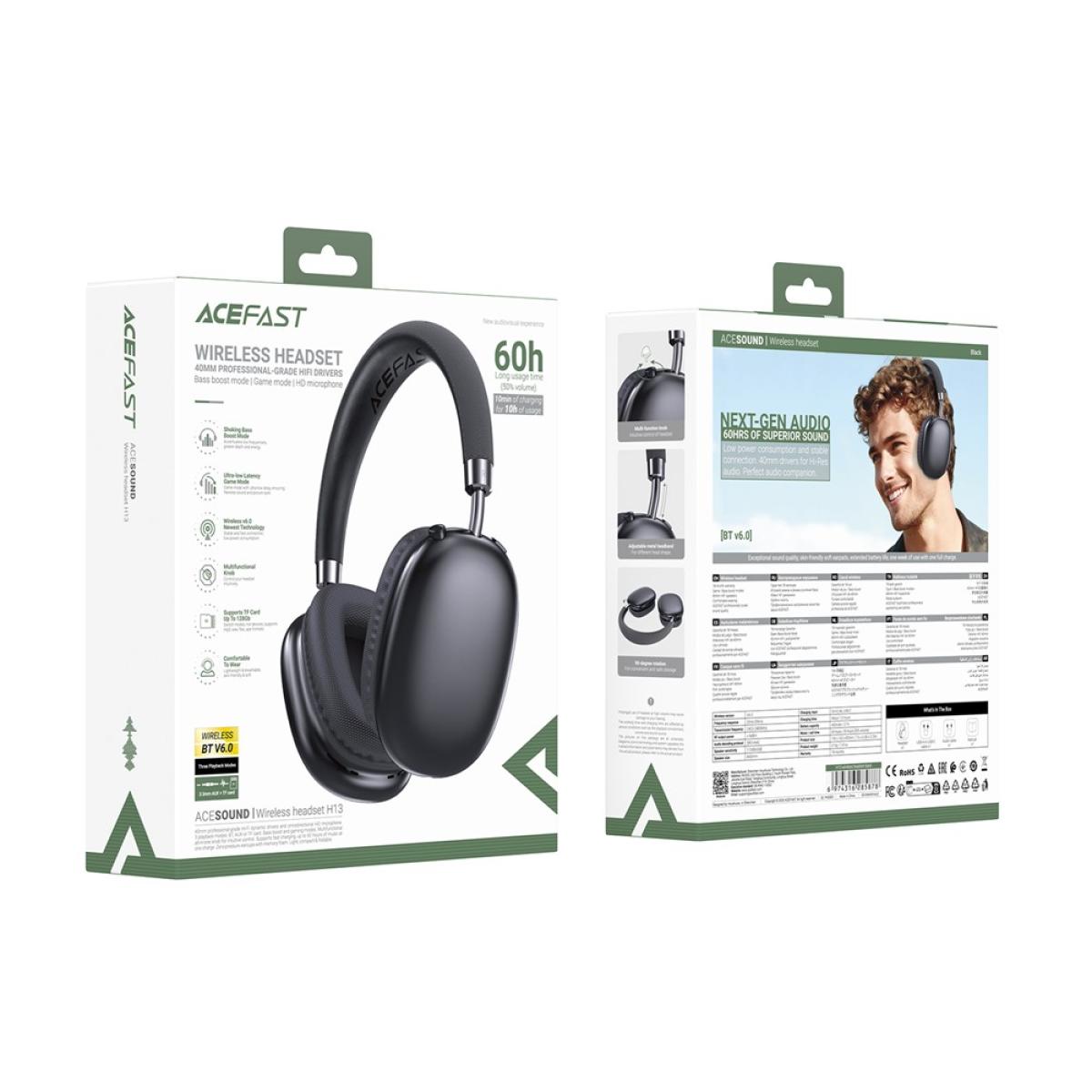 ACEFAST H13 Bluetooth 6.0 - Compatible Headphone Low Latency Over Ear Gaming Headset up to 80 hours Battery Life - Black