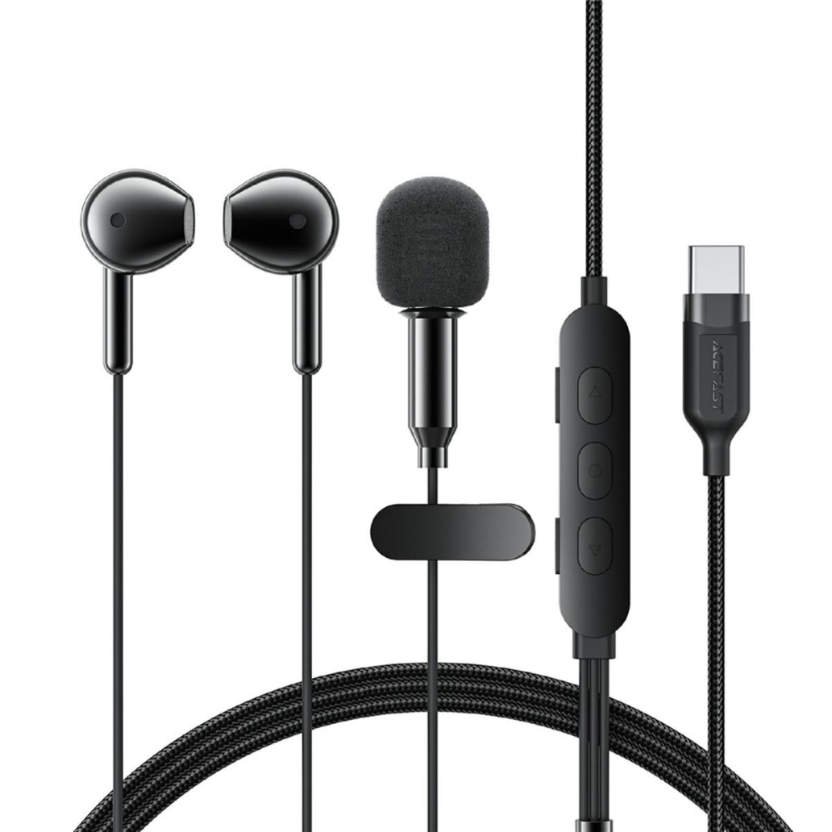 Acefast L12 Usb C Semi In Ear Karaoke Wired Earphones Built In Microphone For Live Streaming / Recording / Gaming Black
