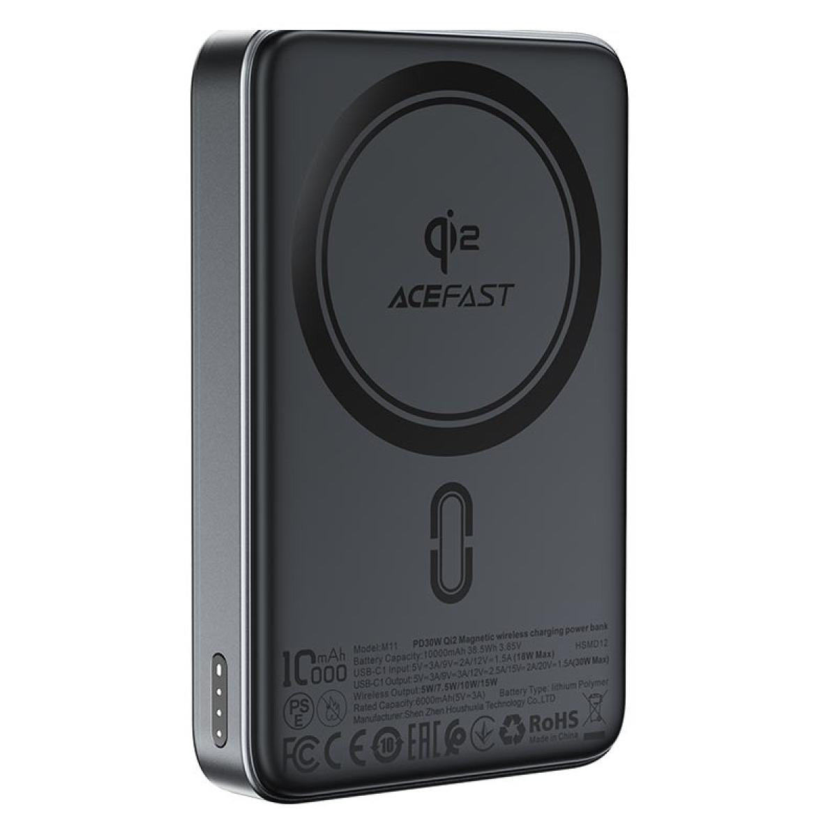 ACEFAST M11 10000mAh Qi2 15W Magnetic Wireless Charging Power Bank Fast Charging For iPhone 16/15 USB C PD30W Extra Battery Travel - Black