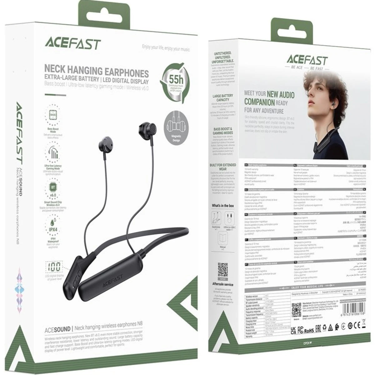 ACEFAST N8 Neck Hanging Wireless Earphones IPX4 Waterproof LED Display Bluetooth-compatible Earphones - Balck