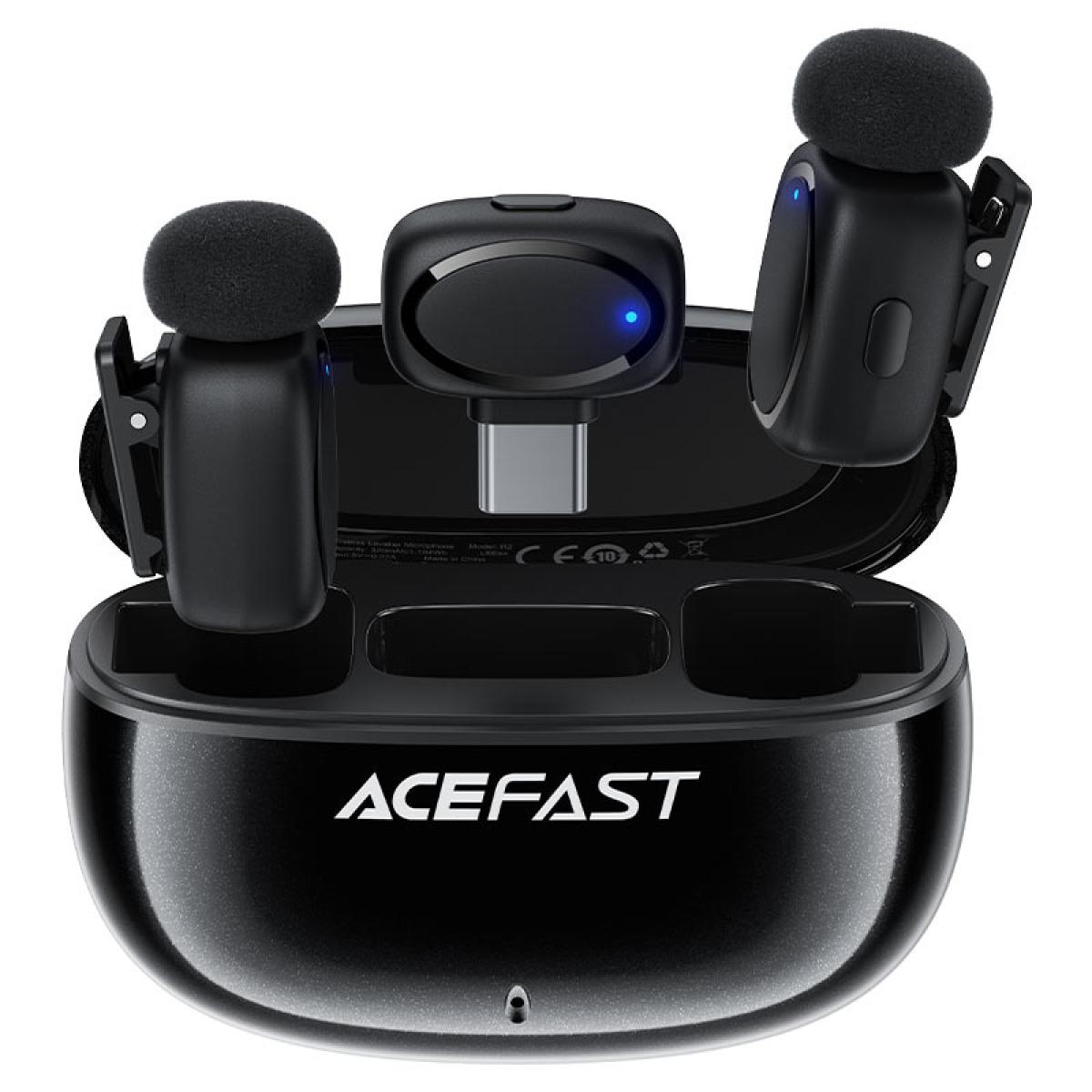 Acefast R2 Wireless Lavalier Dual Microphone For Iphone Android Usb C Ai Noise Reduion Low Latency Lossless Sound Mics Black