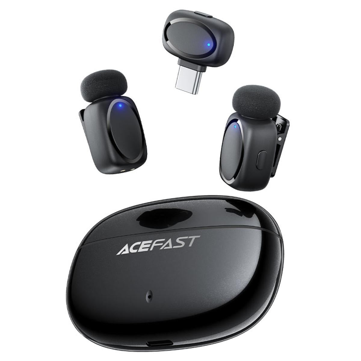 ACEFAST R2 Wireless Lavalier Dual Microphone for iPhone Android USB - C AI Noise Reduction Low Latency Lossless Sound Mics - Black
