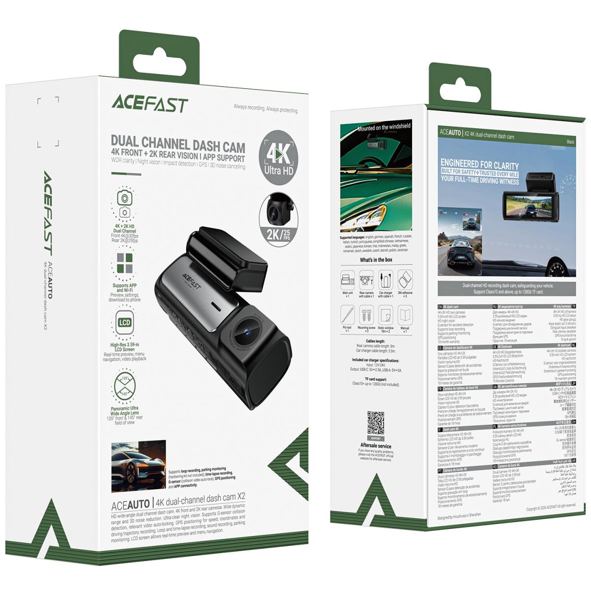 ACEFAST X2 4K Dual-Channel Dash Cam, 4K Front + 2K Rear Vision, App Support | WDR Clarity | Night Vision | Impa Detection | GPS | 3D Noise Cancelling - Black