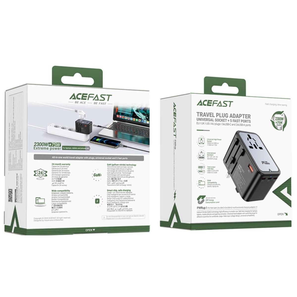 ACEFAST Z1 PD 75W Fast Charger 3 Type-C + 2 USB-A GaN Travel Power Socket with EU / UK / US / AU Plug - Black