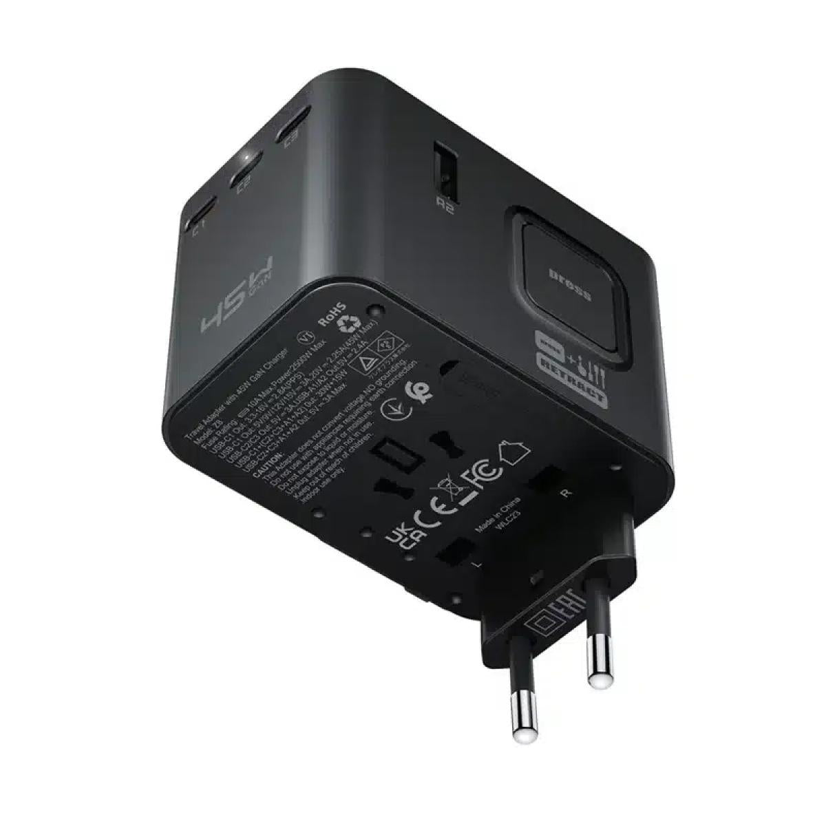 Acefast Z8 Pd 45w Gan Charger - 3 USB - C + 2 USB A Multifunional International Travel Adapter Black