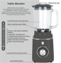 Berlinger Table Blender Glass Jar, 1.5Lit, 1000Watts, Antracit - BH-9539