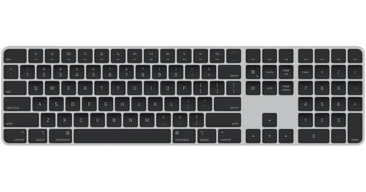 Apple Wireless Magic Keyboard With Touch ID & Numeric Keypad For Mac Models With Apple Silicon - Arabic, Slim Design, Bluetooth, Lightning Port (USB-C To Lightning) - Silver With Black Keys