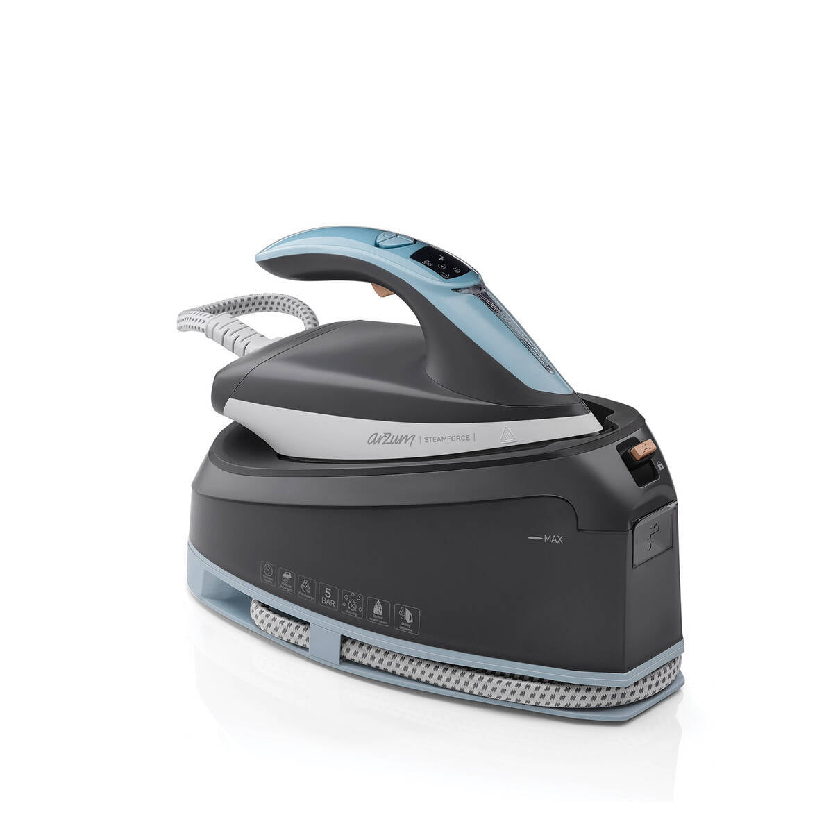 Arzum station iron with tank, 2400 watts, 5 bar steam pressure, 250 g/min steam flow rate, and heavy spray