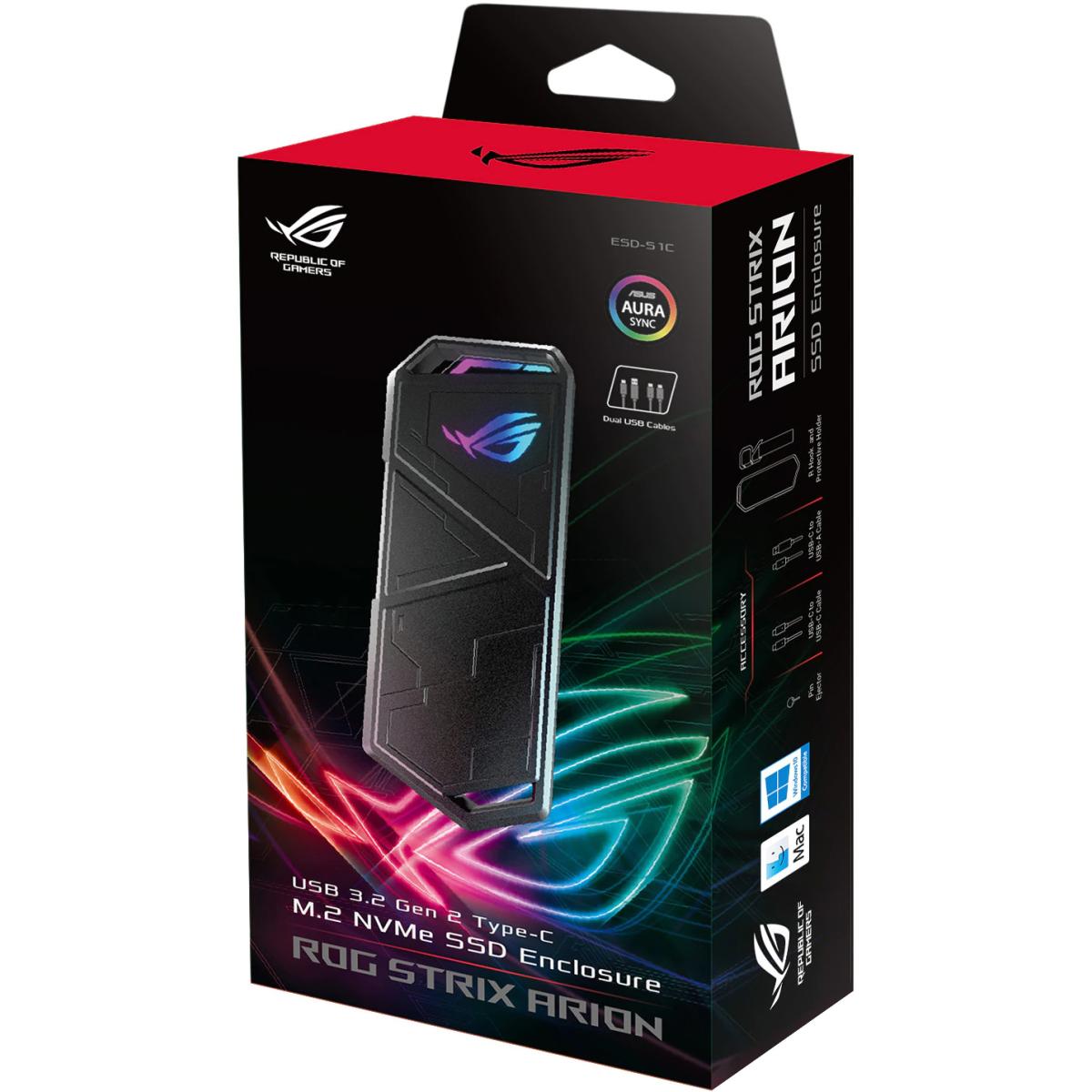 ASUS ROG STRIX Arion Aluminum Alloy M.2 NVMe SSD Enclosure USB 3.2 Gen 2 Type-C (10 Gbps) w/ Exclusive Hanging Protective Holder & Dual USB-C to C and USB-C to A cables