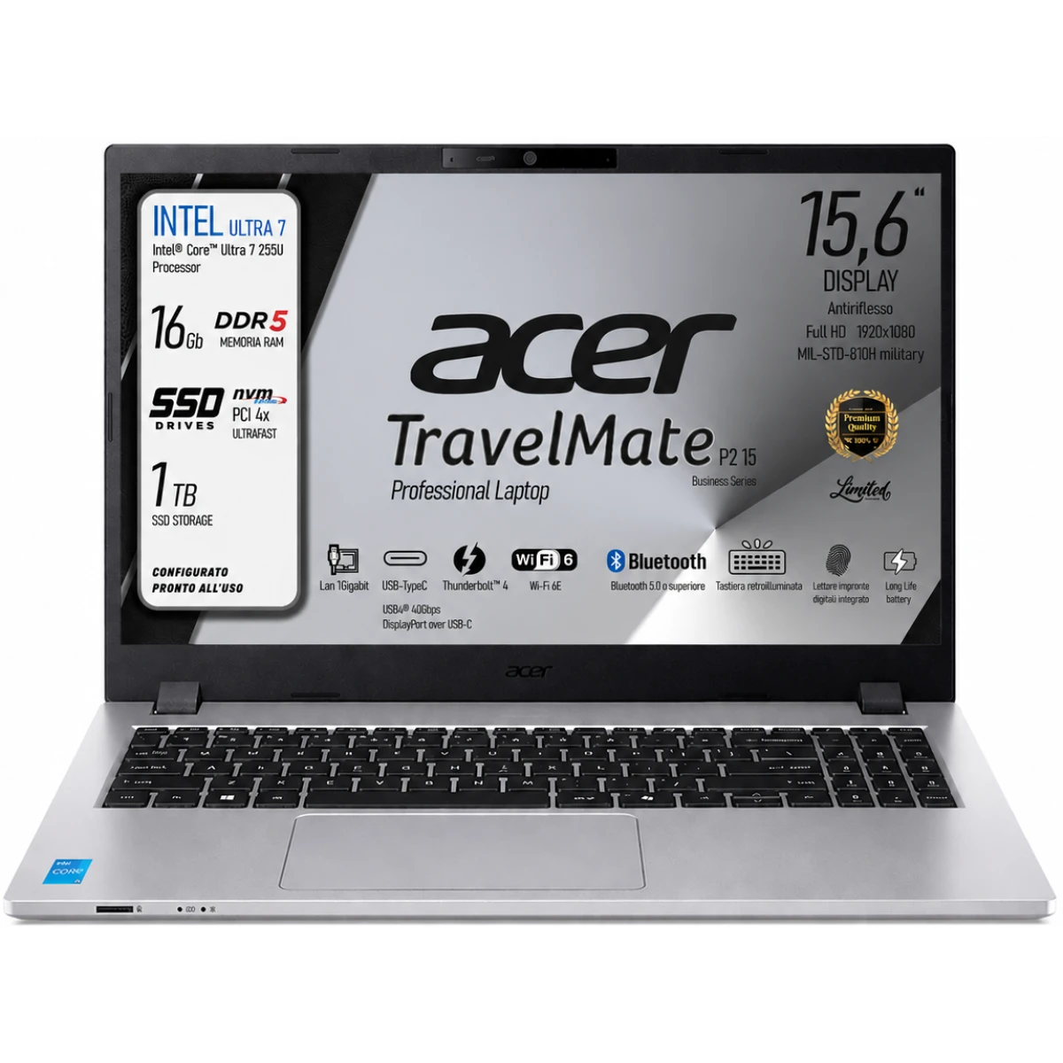 Acer TravelMate P2 15 (2025) Intel® Ultra 7 Gen II 255U 12-Cores Secure, Durable & High-Performance AI Business Laptop w/ TravelMateSense & Fast Charging - Silver