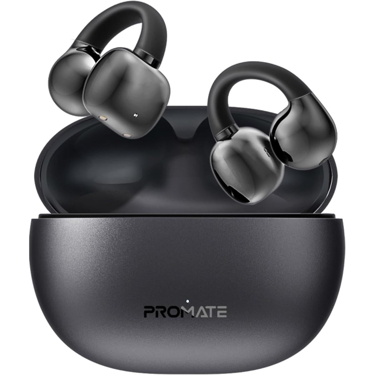 Promate Airclip Audiofit Stability True Wireless Earbuds With Ows Technology, Intellitouch Control, Ergonomic Open Ear Clip Design, 28 Hour Playtime, 500mah Charging Case, Water Resistance Black - CompuMe