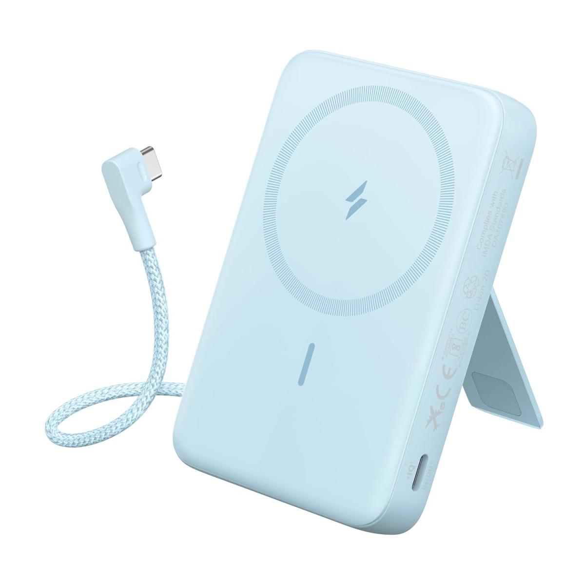 Anker Zolo Magnetic Power Bank, 10,000mAh Wireless Portable Charger with 30W Max Fast Charging, Battery Pack with Built-in USB-C Cable and Adjustable Stand, for iPhone 16/15 Series, AirPods - Blue