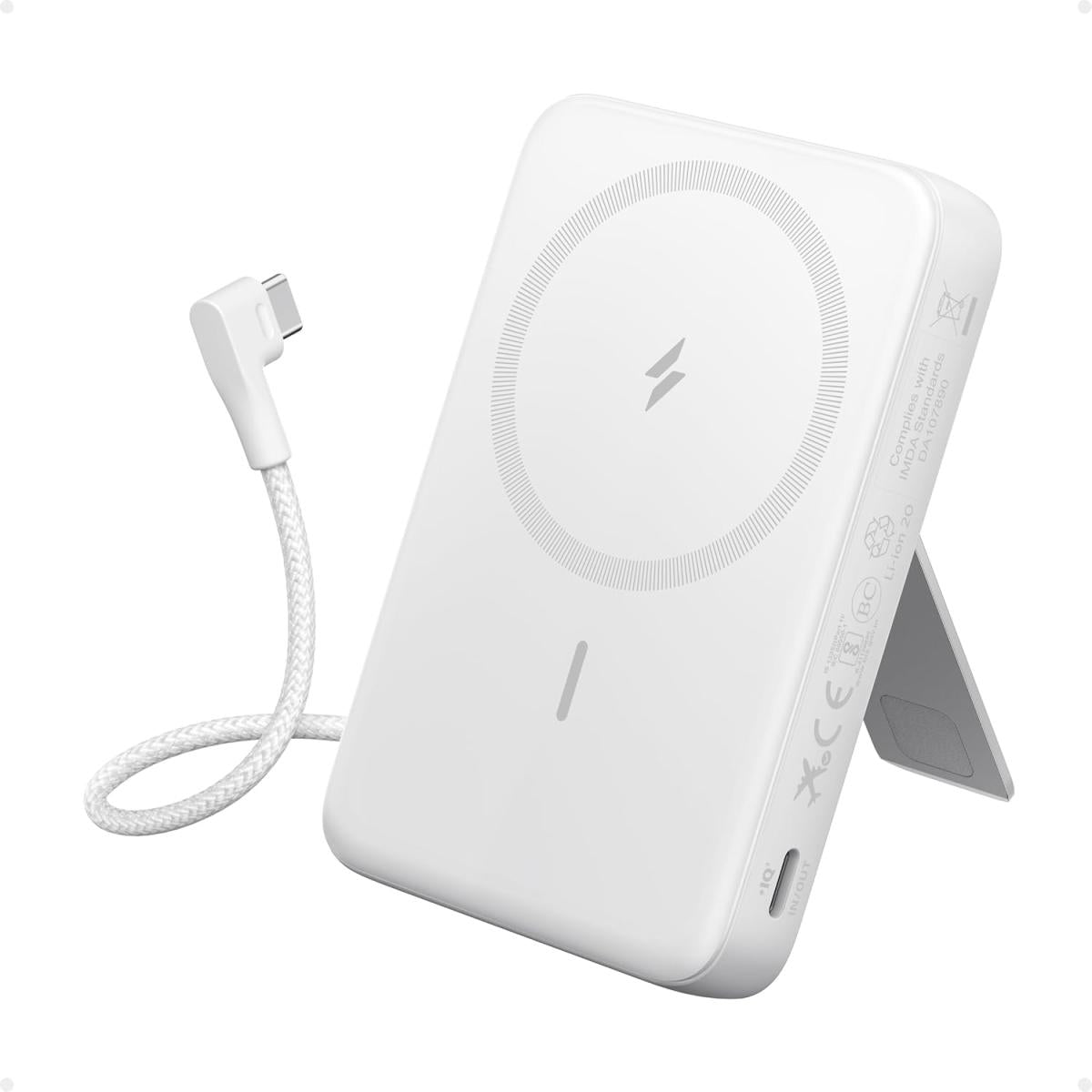 Anker Zolo Magnetic Power Bank, 10,000mah Wireless Portable Charger With 30w Max Fast Charging, Battery Pack With Built In Usb C Cable And Adjustable Stand, For Iphone 16/15 Series, Airpods White - CompuMe