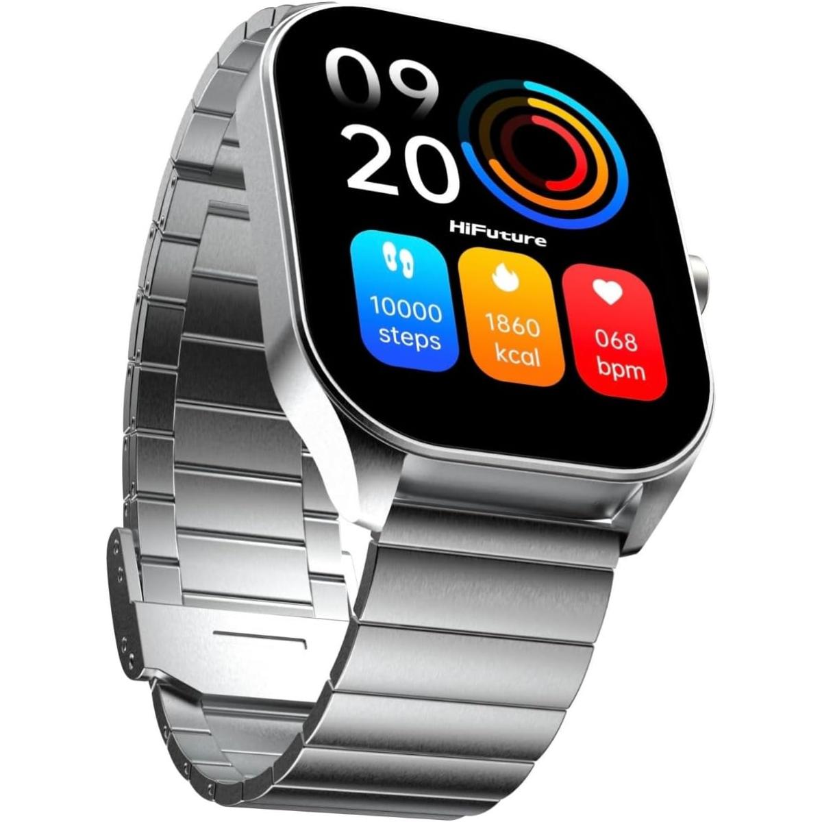 HiFuture Apex Smart Watch, Stainless Steel, Wireless Calling, 2.04 Inch AMOLED Display, IP68 Water Resistant, 7 Days Battery Life- Silver