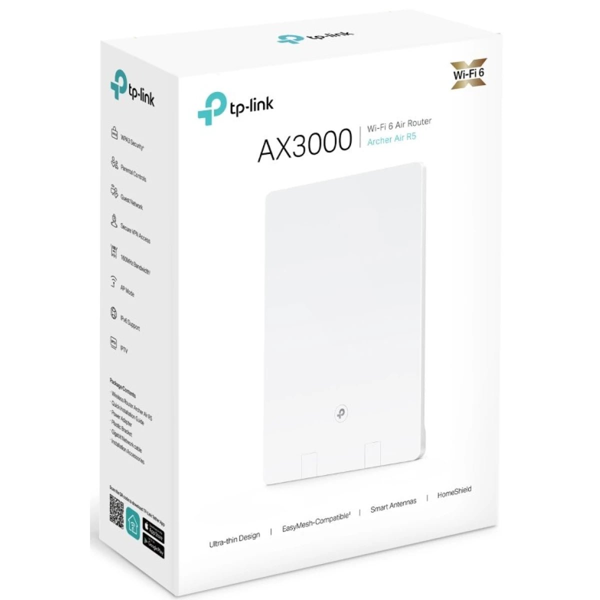 TP-Link Archer Air R5, AX3000 Dual-Band Wi-Fi 6 Air Router, 2402 Mbps @ 5GHz and 574 Mbps @ 2.4GHz, Ultra-Low Latency, Home Shield, Easy Installation, White