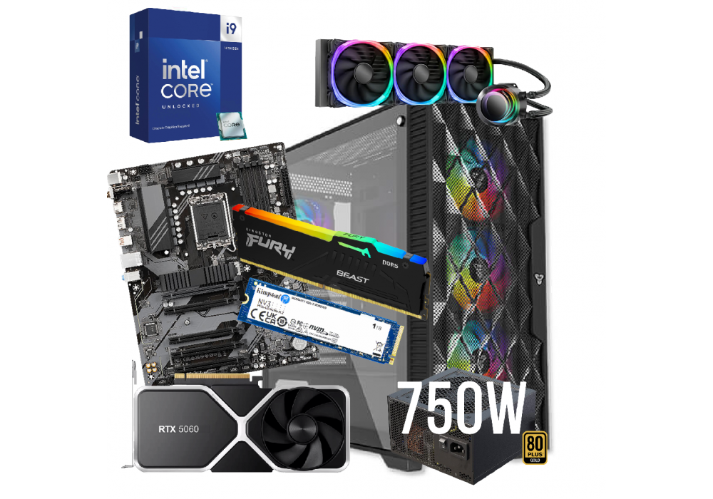 CompuMe 30.5+ Gaming Desktop | Intel CORE I9 14900KF 24 Core, 360mm AIO Water Cooling, GeForce RTX 5070 12GB GDDR7, 32GB Fury Beast DDR5, NV3 1TB M.2 SSD PCIe 4.0, Wi-Fi