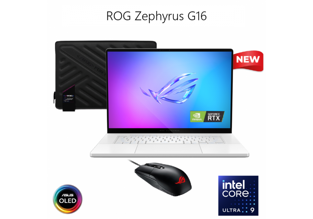 Laptop ASUS ROG Zephyrus G16, Intel Core Ultra 9 285H Up to 5.4 GHz, RTX™ 5090 24GB GDDR7, 64GB LPDDR5X 7467, 16" 240Hz 2.5K OLED w/ ROG Zephyrus Sleeve & ROG Impact Gaming Mouse - Platinum White